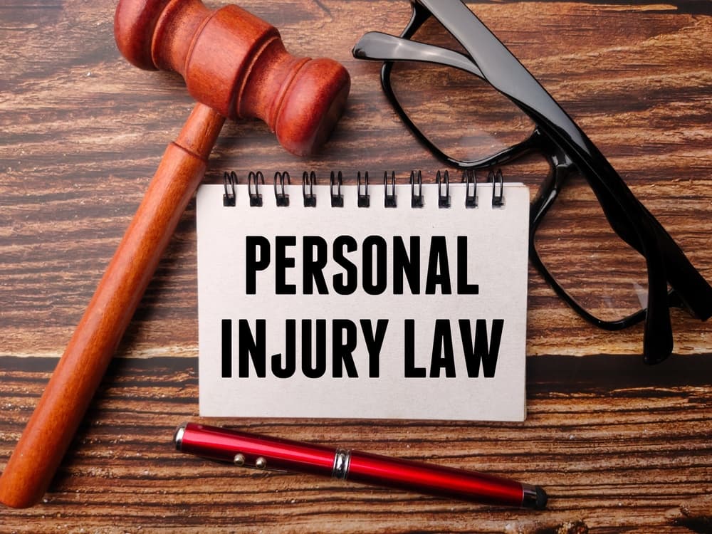 A gavel, pen, glasses, and a notebook with the text "PERSONAL INJURY LAW" on a wooden background.