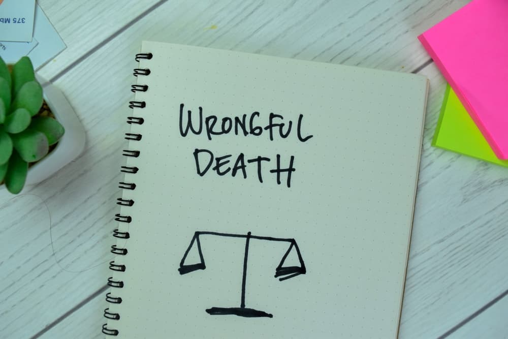 notebook with 'wrongful death' written above scales of justice