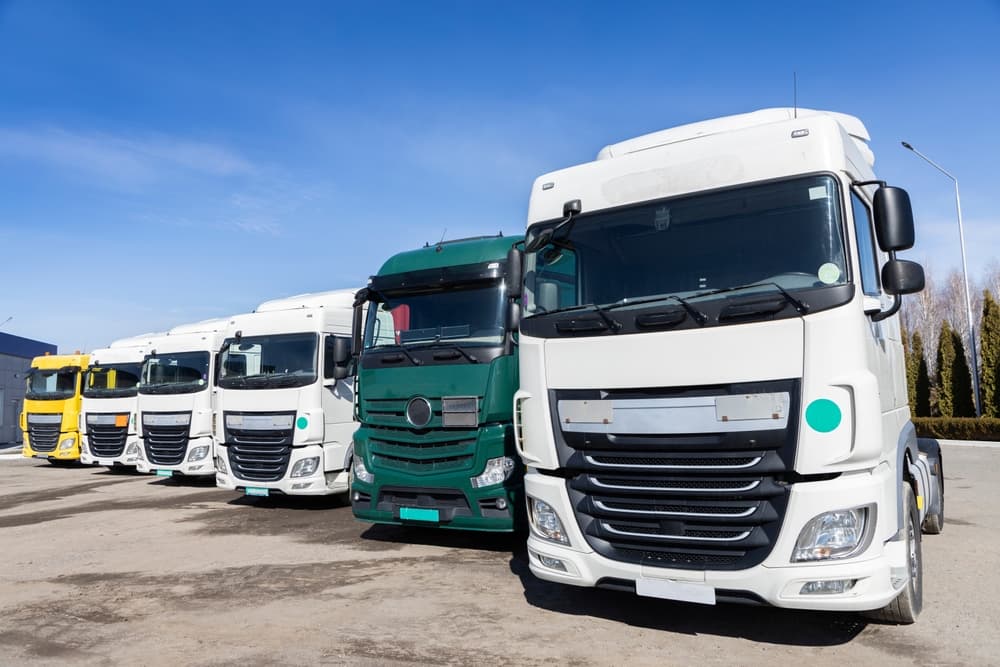 Several trucks are parked neatly in a row in the parking lot on a sunny day, showcasing the cabs of various colored tractor-trailers.